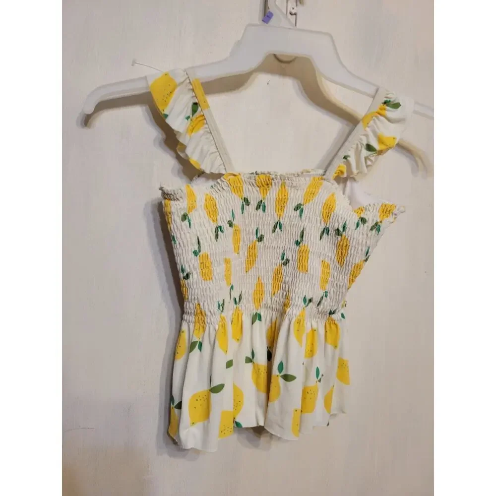 Hanna Andersson Lemon Print Smocked Swim Top Size 150 US 6/7 Girls Ruffle